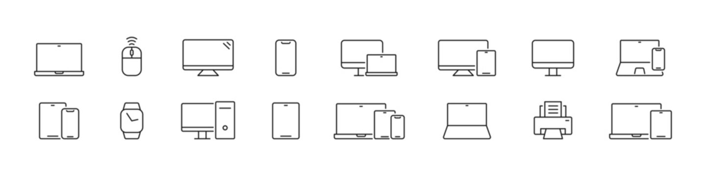 Device icons set. Electronic devices, technology, computers, mobile phones. Vector