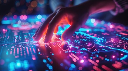 Close-up of a hand mixing music on a futuristic DJ console with glowing lights.
