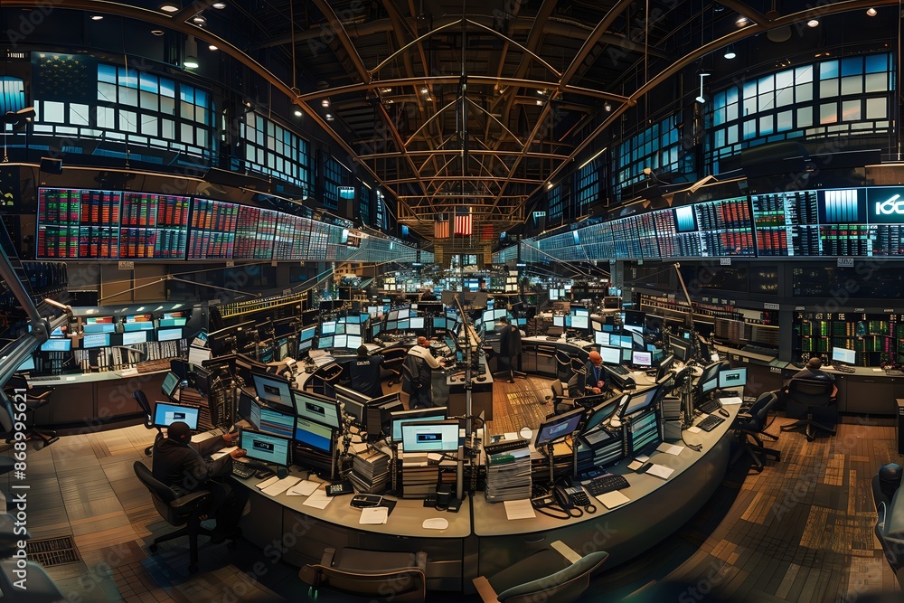 Poster panoramic view of busy stock market trading floor with multiple computer screens displaying financia
