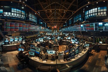 Panoramic view of busy stock market trading floor with multiple computer screens displaying financial data and charts. Concept of finance, investment, stock exchange, and business.