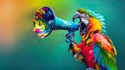 Colorful parrot holding a megaphone on a green and blue background. Studio animal portrait. Communication and announcement concept. Design for poster, banner, greeting card, invitation. Close-up shot.