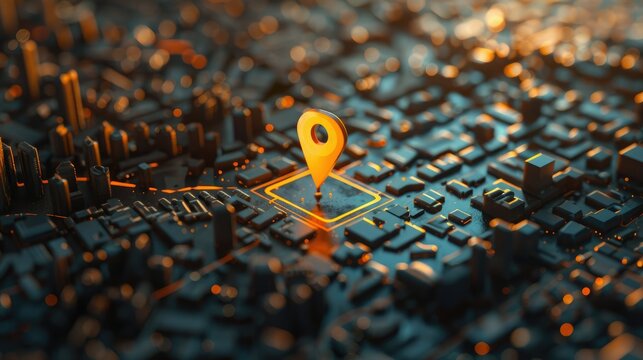 Orange pin, used for route planning and GPS, points the direction in the city, related to urban exploration concepts