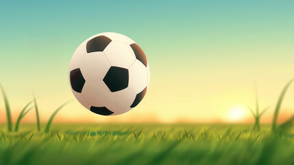 Fototapeta premium A classic soccer ball floats in the air above a grassy field at sunset.