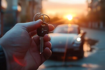 Minimalist new car purchase, keys in hand, close-up, modern background, backlit