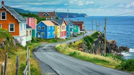 Landscape view of colorful houses along a rocky shoreline, blue sea in the background, winding road in foreground, vibrant and picturesque