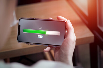 Loading status screen with stop button. Concept of technology downloading software, system data,...