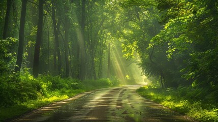 Obraz premium Lush forest road with sunlight streaming through, dense greenery, sparkling stream running alongside, peaceful and captivating