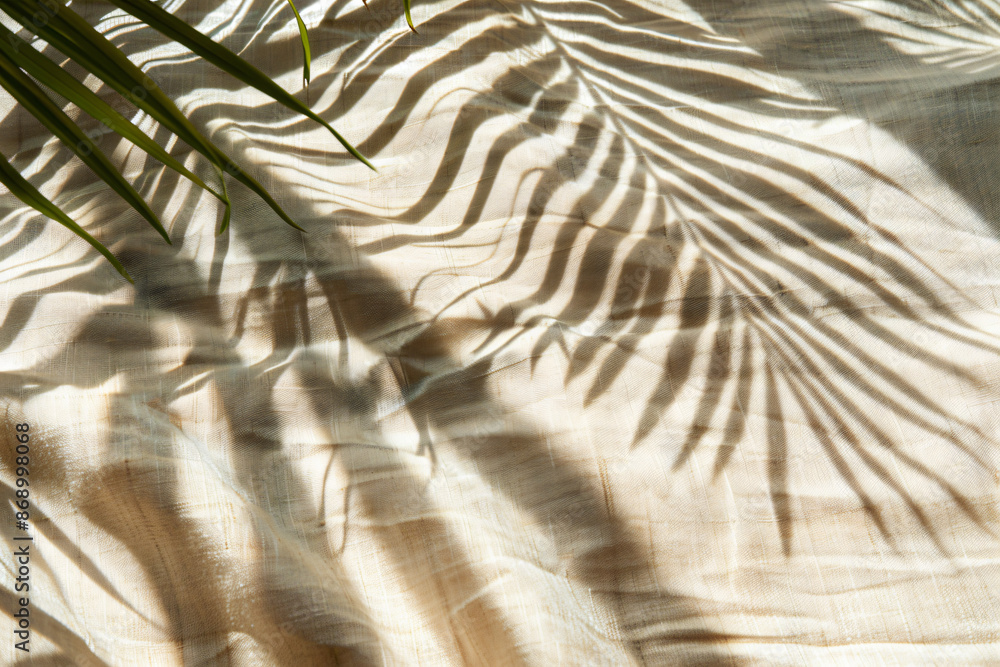 Poster blurred shadow of palm leaf on beige background, abstract shadow pattern for product presentation. m
