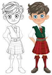 Illustration of a boy in a kilt and vest