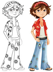 Colorful and black-and-white hippie boy vector illustration