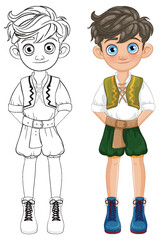 Color and outline versions of a young boy