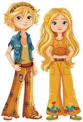 Two hippie characters in colorful outfits