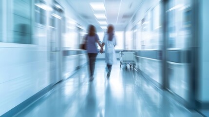 Blurred image of doctor and patient in hospital corridor. Blur image. Background image.