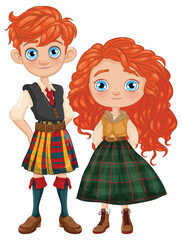Two kids in colorful Scottish kilts