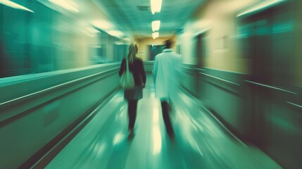 Blurred image of doctor and patient in hospital corridor. Blur image. Background image.