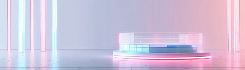 Obraz premium Abstract platform with neon light and pink background.