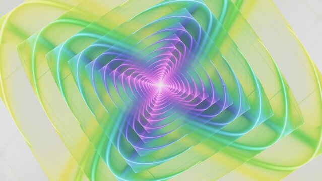 Psychedelic background with square and round rings forming tunnel, surreal space around light in center. Fractal revolving stripes on white. Colorful lightforms motion with twirling. 4K UHD 4096x2304