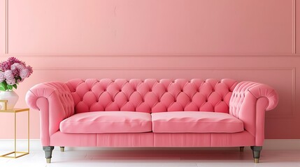 The pink sofa in the living room empty calming coral wall background very detailed and realistic shape