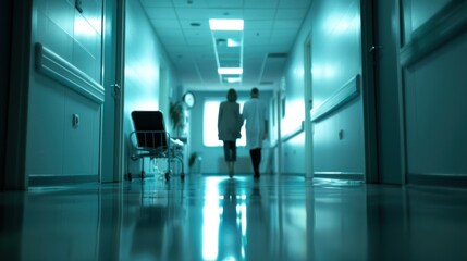 Obraz premium Blurred image of doctor and patient in hospital corridor. Blur image. Background image.