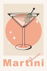 Martini classic Cocktail retro poster. A popular drink. Classic. Vintage flat vector illustration for bar, restaurant, kitchen, wall art print.
