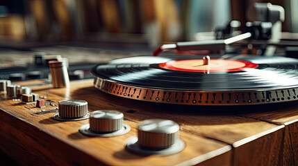 Obraz premium Musical turntable vinyl record player with needle on the record
