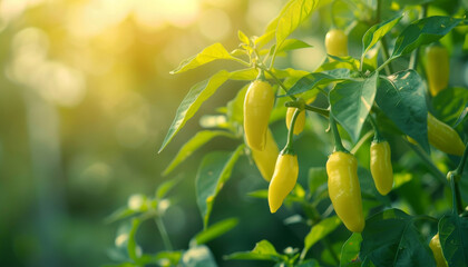 Yellow Chili Peppers Growing in Sunlight