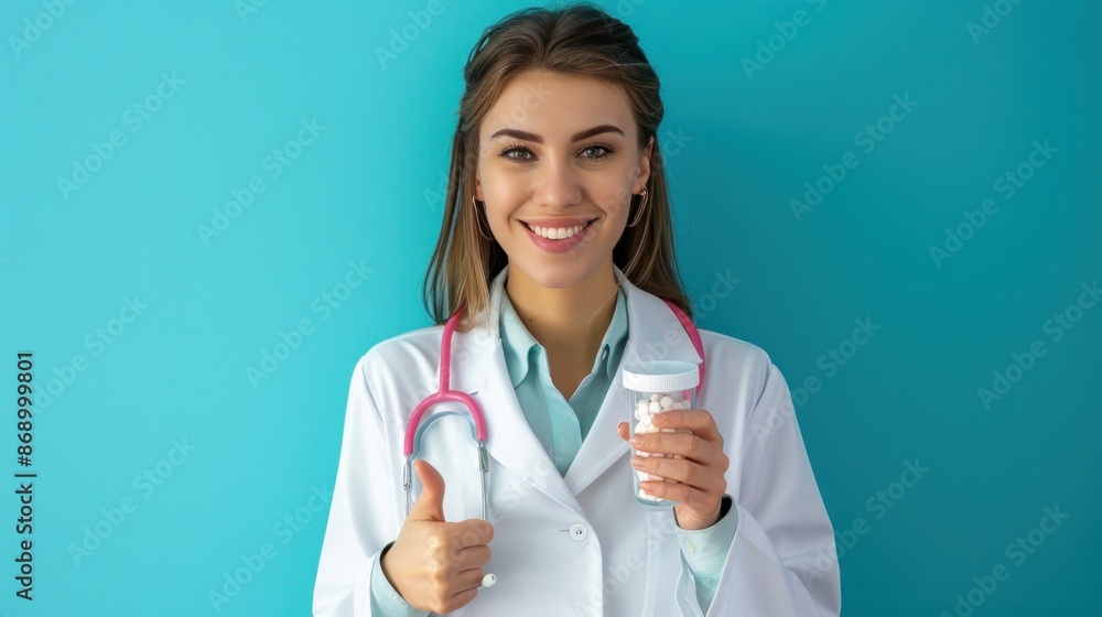 Wall mural Fun female doctor in white medical coat working in hospital clinic office holding container with medicine showing thumbs up isolated on blue background. Health care concept