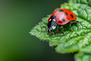 Red ladybug on a green leaf in the garden, nature photography