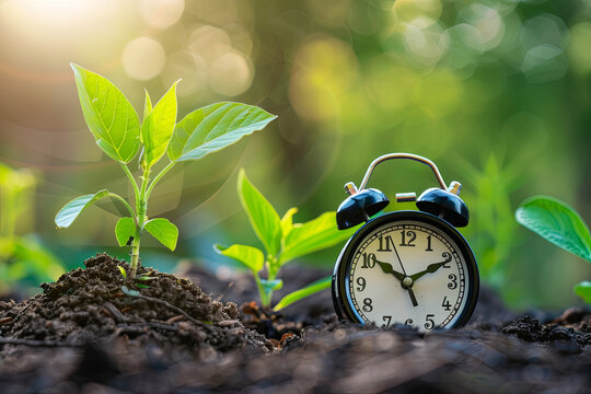 Spring forward concept with a clock and a young plant, symbolizing new beginnings
