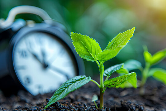 Spring forward concept with a clock and a young plant, symbolizing new beginnings