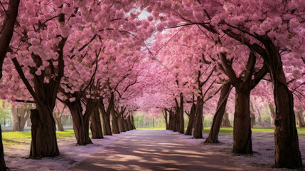 Naklejka premium Pathway by pink cherry trees in full pink blossom a serene and enchanting atmosphere
