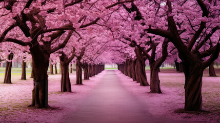 Naklejka premium Pathway by pink cherry trees in full pink blossom a serene and enchanting atmosphere