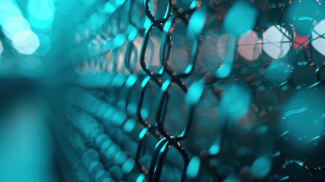 Abstract blue and black pattern with a chain link background and blurred lights.