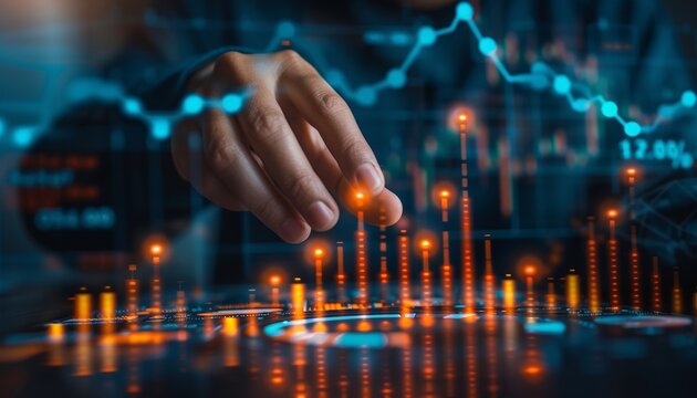 Hand Interacting with Data Visualization on a Tablet.