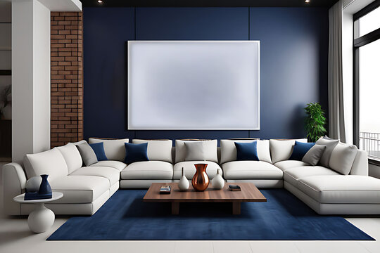 Large living room with a large white sofa. The sofa is modular. Can be assembled as a large sofa or separated into a small sofa and set on a carpet.