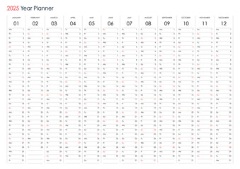 2025 wall planner, annual one page calendar, simple layout with blank copy space for notes 