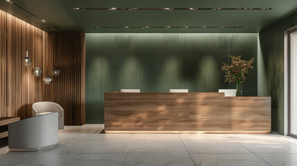 木材のクリニック・サロンの受付カウンター　緑の壁紙