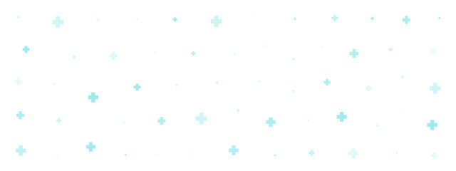Green cross or plus symbols of different sizes and opacity on white background. Abstract pattern of blue medical cross or mathematical plus pictogram. Vector illustration on cyan background with stars