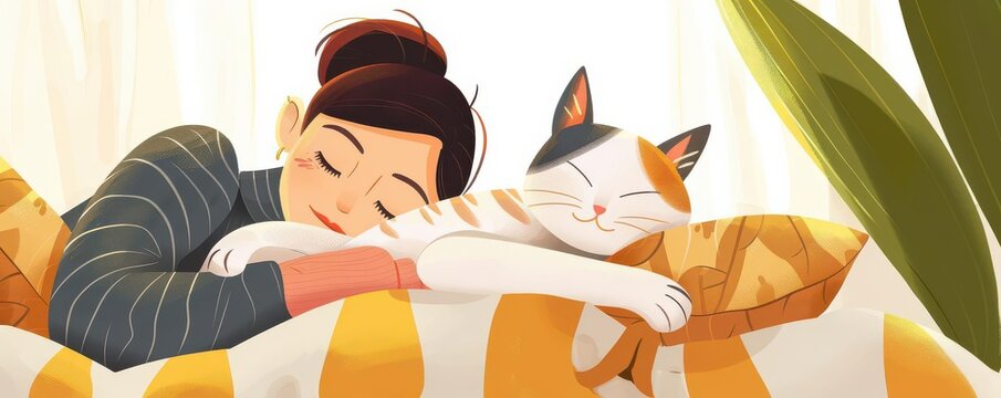 A woman and her cat napping together in a cozy bed, in a whimsical cartoon style, bright and cheerful