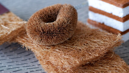 Brushes and scrubbers made of coconut coir.