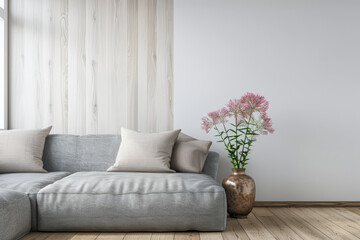 Minimalist interiors in a luxury property with minimal furniture, balanced lighting and copy space for text. Residential Real Estate interiors design composition in neutral colors.