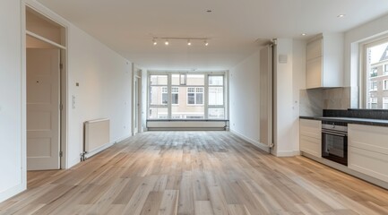Fototapeta premium Modern open kitchen and living room in a bright, spacious apartment with wooden flooring