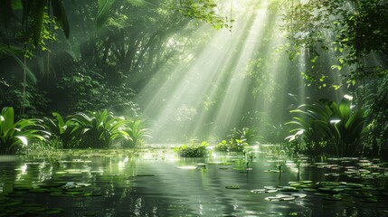 Obraz premium Mystical jungle pond with sunlight piercing through dense foliage, vibrant greens, tranquil water, intricate light patterns, serene and enchanting