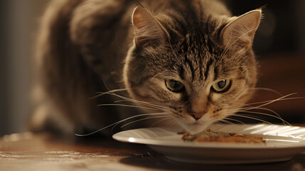 bicolor cat eagerly approaches a bowl of homemade food,Tabby cat eats wet food. Gray background. Soft focus,Adorable domestic cat with brown and white eating food from plate on blurred background
