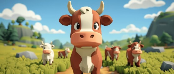 Cute animated cows in a sunny field with blue sky and mountains in the background, creating a cheerful and playful scene.