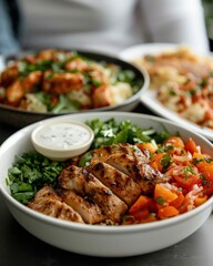 Fototapeta premium Delicious, colorful chicken and vegetable salad bowls with a side of ranch dressing, perfect for a healthy meal.
