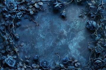 The abstract allure of blue roses within an intricate floral frame, a high-definition background image, and sticker.