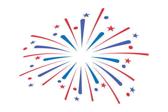 fireworks fourth of July. fireworks with red and blue stars and sparks. united states of america independence day. usa celebration design element. transparent png and vector illustration.