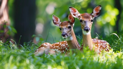 Fellow deer s hind and calf resting in the grass