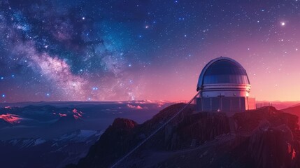 Obraz premium Nighttime scene with professional telescope on a mountain peak, space observatory, star-filled sky, detailed and serene, majestic view